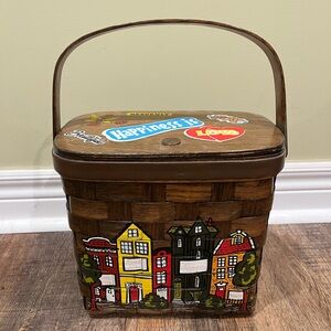 ⭐️Vintage Handcrafted Brown Basket with Colorful House Design